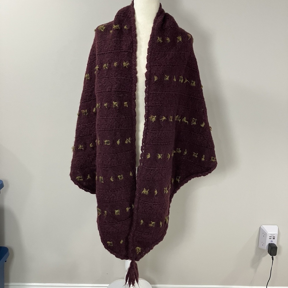 Tara Mohair Wool Knit Shawl Wrap Scarf Burgundy Tassel Boho Made in Nepal